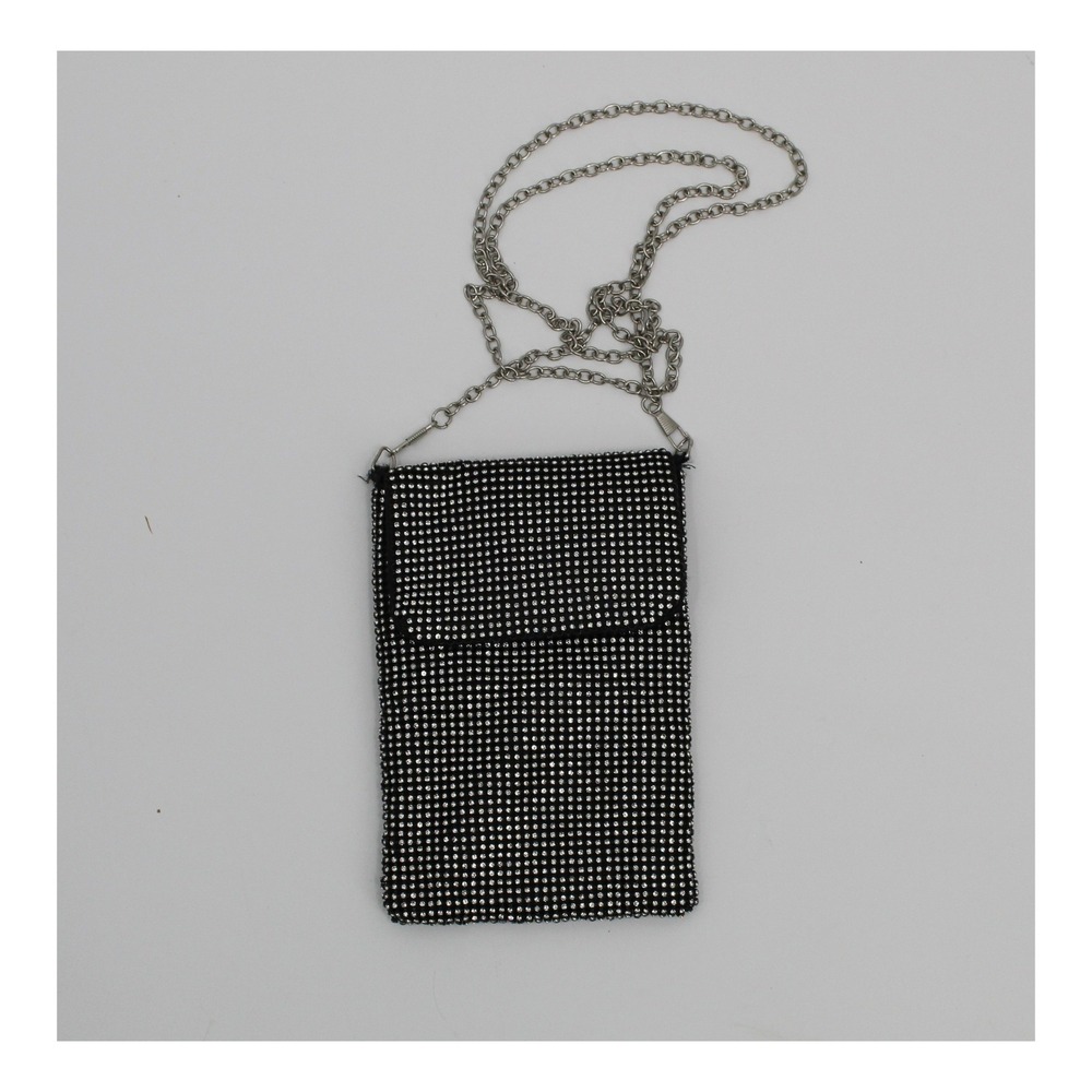Y2K Black Rhinestone Mesh Crossbody Bag Silver Chain Evening Clutch Sparkly